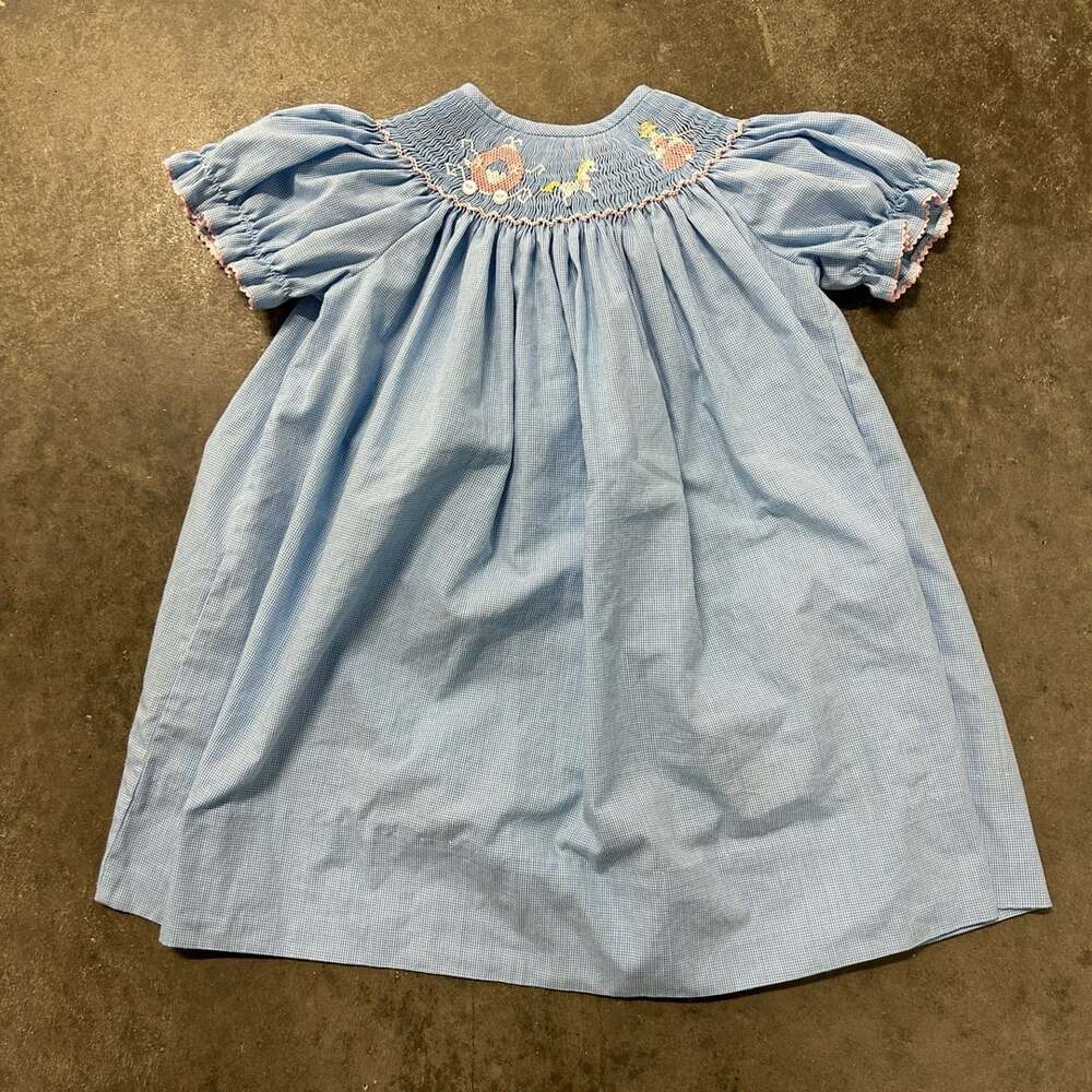 Amanda Remembered Size 2 Blue Gingham Smocked Bishop Dress Hand Embroidered